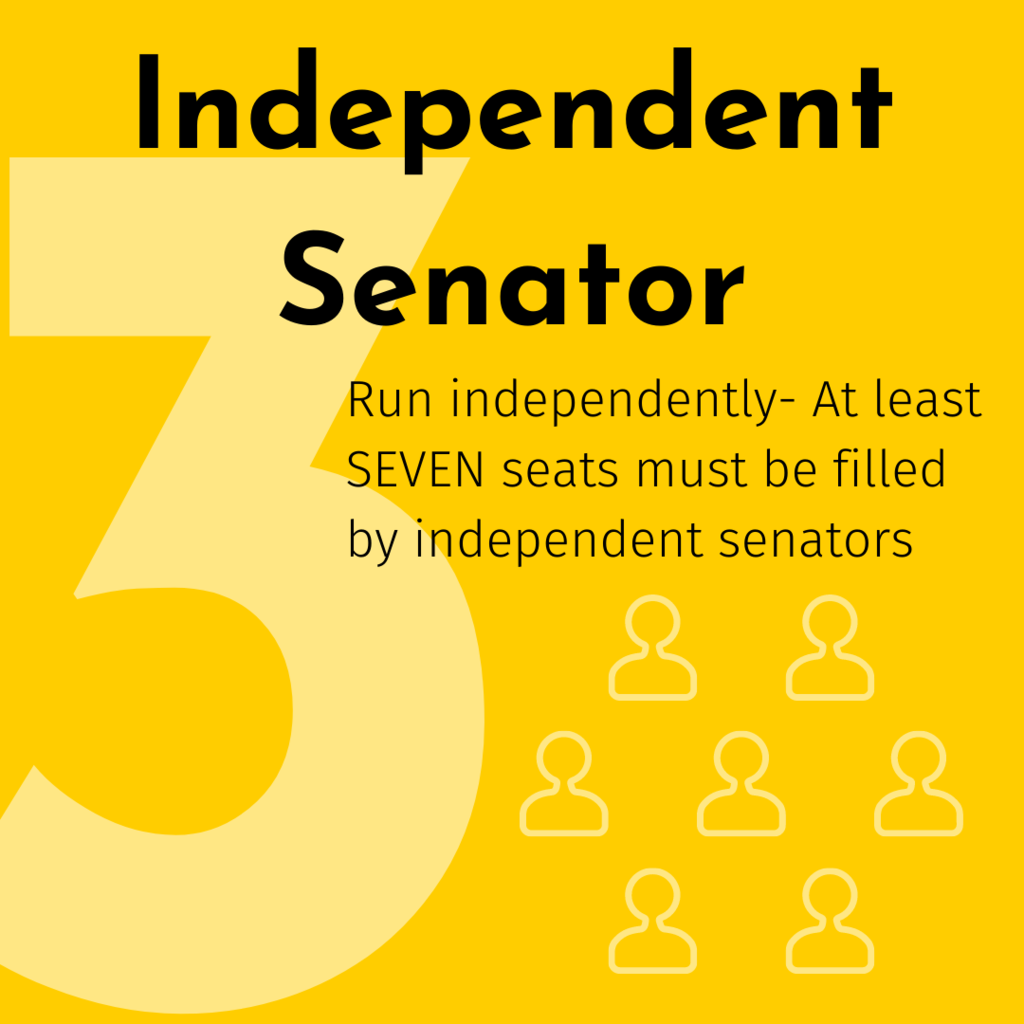 Contains the text "3. Independent Senator - Run independently- At least seven seats must be filled by independent senators"
