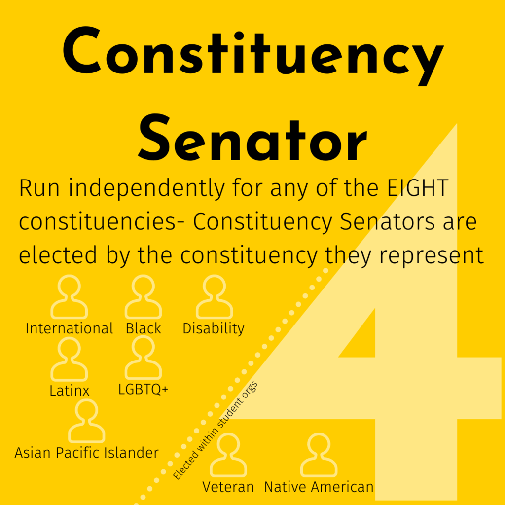 4. Constituency Senator - Run independently for any of the eight constituencies - Constituency Senators are elected by the constituency they represent. International, black, disability, Latinx, LGBTQ+, Asian Pacific Islander, Veteran, Native American
